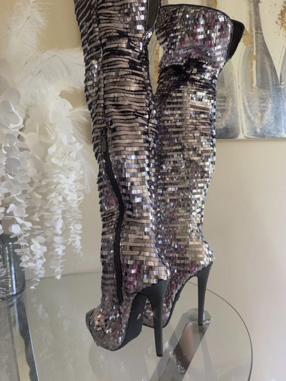 Sequin Over-the-Knee Platform Stiletto Boots - Silver